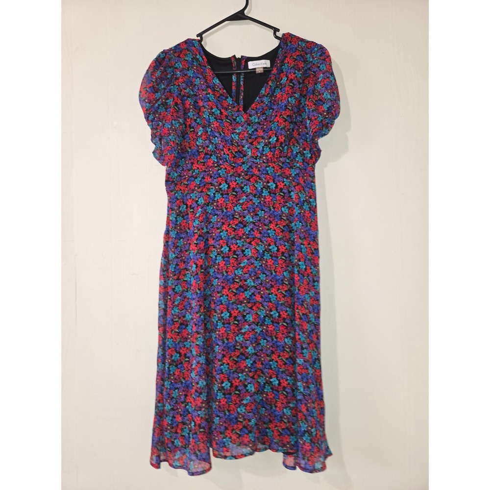 Calvin Klein Womens Floral V-Neck Puff Sleeve Midi‎ Dress Multicolor Size 6